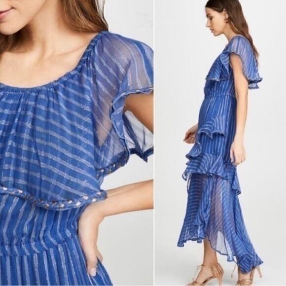 Misa Los Angeles Dress Blue Gold Medium Ambrosia Ruffle Hem Boho Festival NEW - Picture 3 of 16